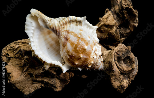 Bursa Spinosa Shell on Driftwood on Black Background photo