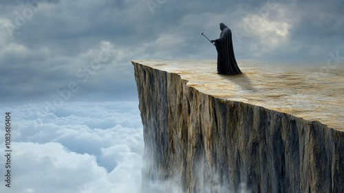 Dark wizard on top of high cliff photo