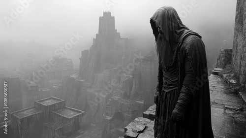 Dark wizard on top of high cliff overlooking some ruins photo