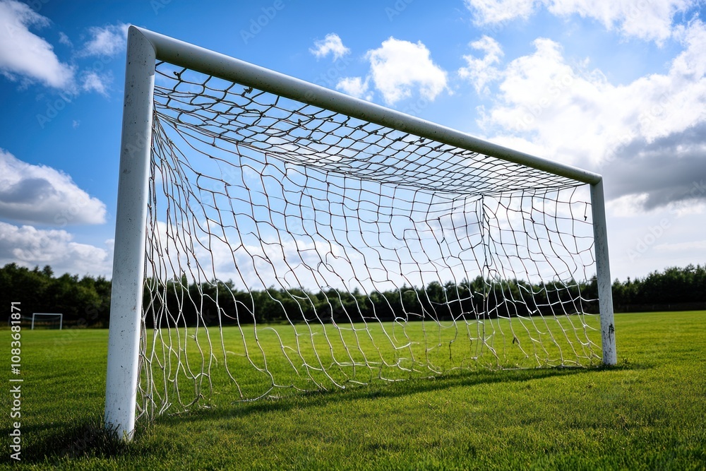 Fototapeta premium A soccer goal on a green field with a blue sky and white clouds.