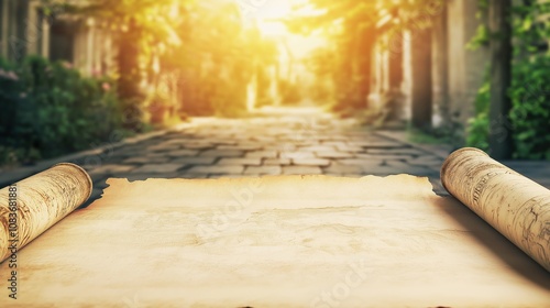 Ancient Scroll on Cobblestone Path photo