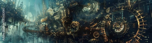 Wallpaper Mural Unleash a visual enigma with a side view of a digital cityscape made of clockwork mechanisms Torontodigital.ca