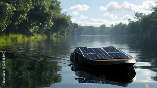 A solar-powered electric boat that uses solar energy to power its propulsion and onboard systems, offering an eco-friendly alternative for marine transport and recreation. photo