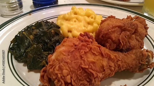 Classic souther fried chicken with collard greens and macaroni and cheese photo