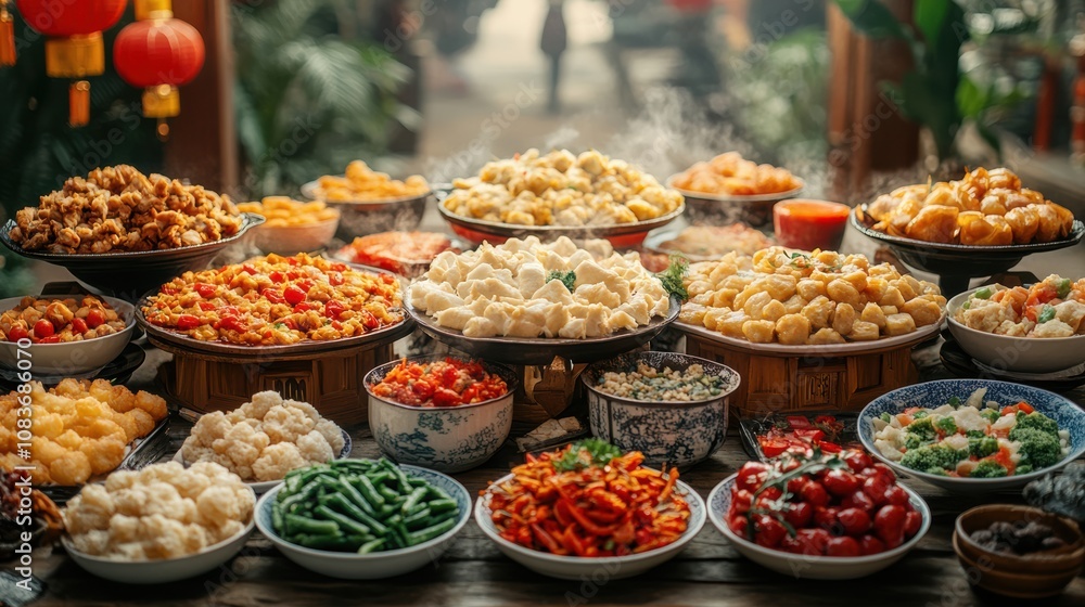 Obraz premium Traditional Chinese New Year family dinner, large round table, colorful dishes, joyful gathering