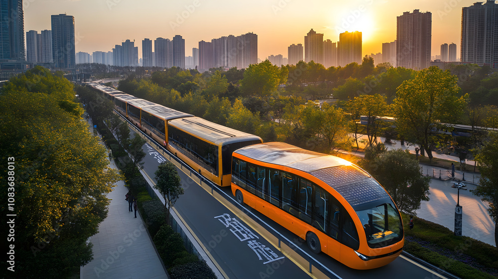 Obraz premium A solar-powered electric bus fleet that provides eco-friendly public transportation, reducing urban pollution and promoting sustainable mobility.