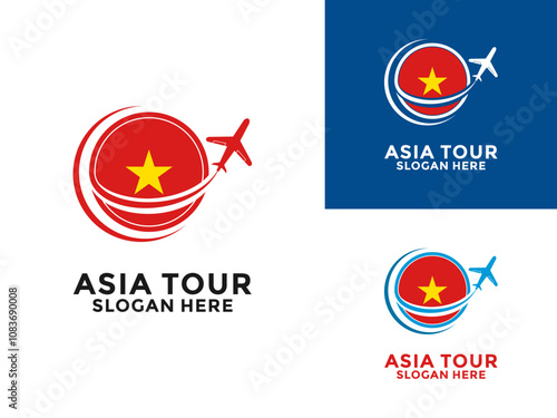 Vietnam Tour logo with National Flag and Airplane vector design. Asia Tour Travel logo design template