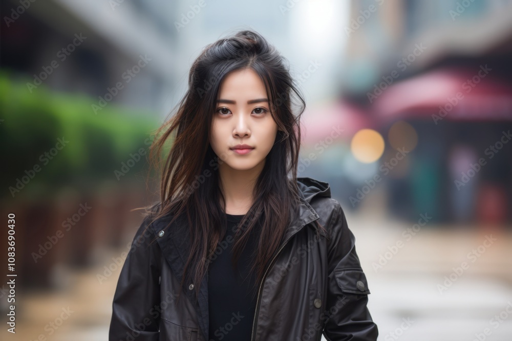 Fototapeta premium A woman wearing a black jacket and a black shirt is standing on a sidewalk