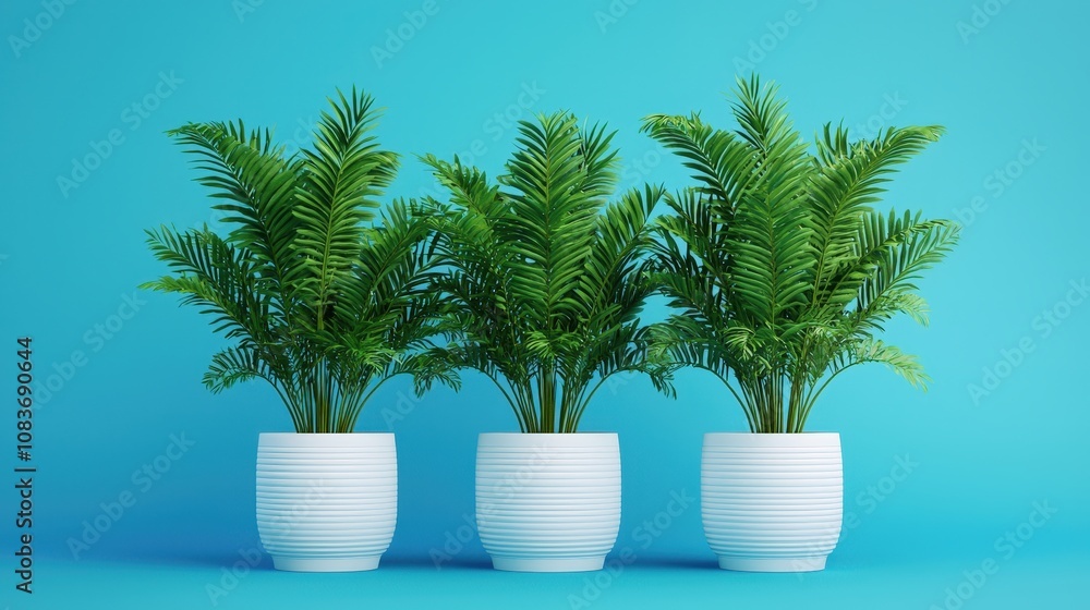 Fototapeta premium Three Lush Green Palm Plants in White Pots on Blue Background