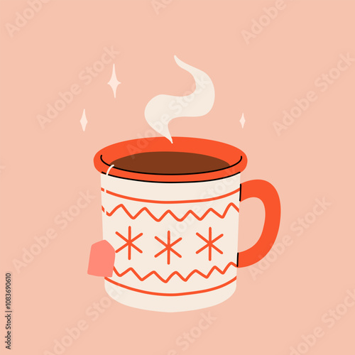 Christmas hot drink big collection. Flat cartoon beverages. Holiday cute mugs with hot cocoa, coffee, and mulled wine. New year drinks decorated with sweets and candy. Isolated vector illustration