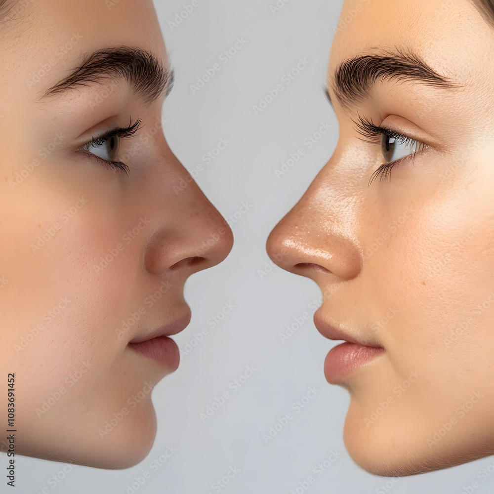 Obraz premium The image features two side profiles of women showcasing different nose shapes, highlighting facial symmetry and beauty.
