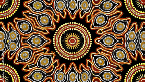 Vibrant Aboriginal art pattern in warm earthy tones.