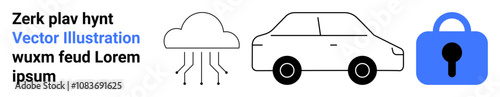 Cloud with data lines, simplistic car, and blue padlock. Ideal for technology, cloud computing, cybersecurity, automotive innovation, digital security, modern graphics, and tech presentations. Banner