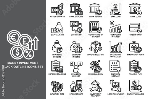Money investment black outline pack. contain account balance, asset growth, debt payment, money, target, emergency fund and more. use for modern concept, UI, UX, web and app development. Vector EPS 10