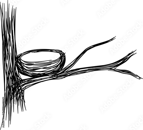 Bird nest on a tree branch outline hand drawn vector