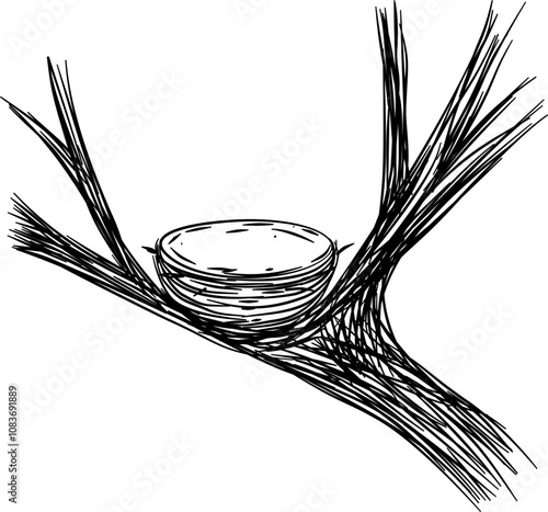 Bird nest on a tree branch outline hand drawn vector