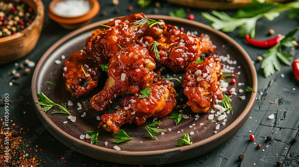 Fototapeta premium Delicious fried chicken or beef liver with salt spices and herbs in a ceramic plate
