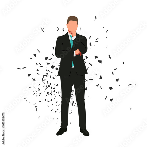 Business man standing and thinking with folded arm, man in suit, isolated dispersed vector illustration, front view