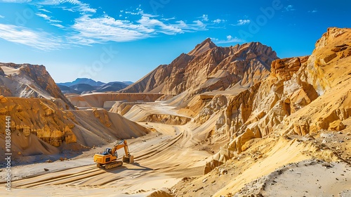 Excavator dig sand at the open pit heavy machinery working in the mining quarry digging and excavation operations view on the mountains with yellow sand