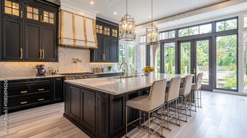 Modern Kitchen with Black Cabinets, Gold Accents, and a View of a Backyard
