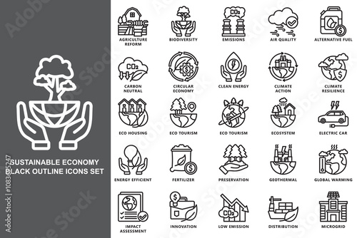 Sustainable economy black outline icons set. contain carbon, green energy, eco, energy, efficiency, emission and more. use for modern concept, print, UI, UX kit, web and app development. Vector EPS 10