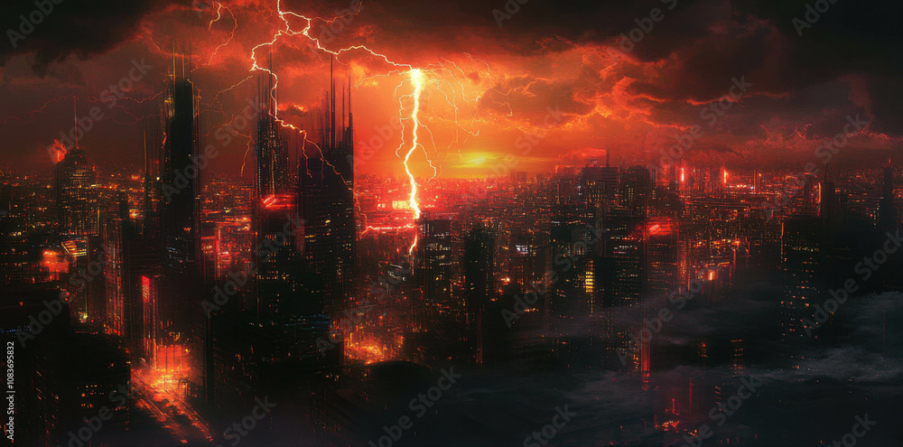 Fototapeta premium Dramatic lightning storm over a cityscape