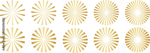 Retro starburst shapes vector illustration set, golden gradient clip art, isolated