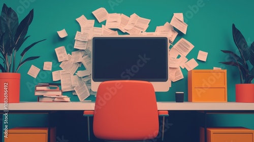 Futuristic Office Chaos 3D Render of Documents and Desk photo