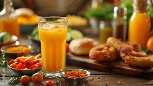 fresh food deliciousand orange juice glass curry bun photo