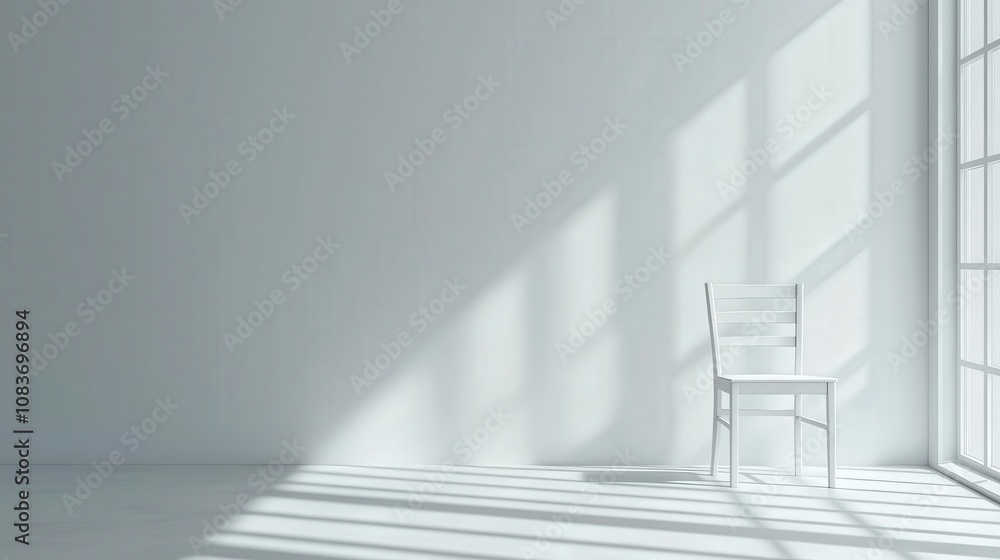 Obraz premium Minimalist White Chair in Bright Room Sunlight Shadows Interior Design