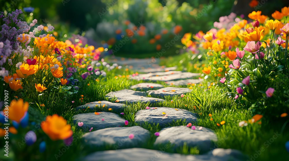 Obraz premium Stone Path Through a Colorful Spring Garden 3D Illustration