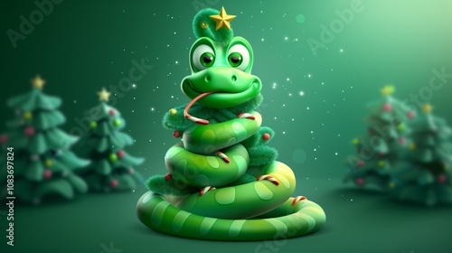 A cheerful cartoon snake whimsically wrapped in a Christmas tree form, adorned with lights and a star on a green background. photo