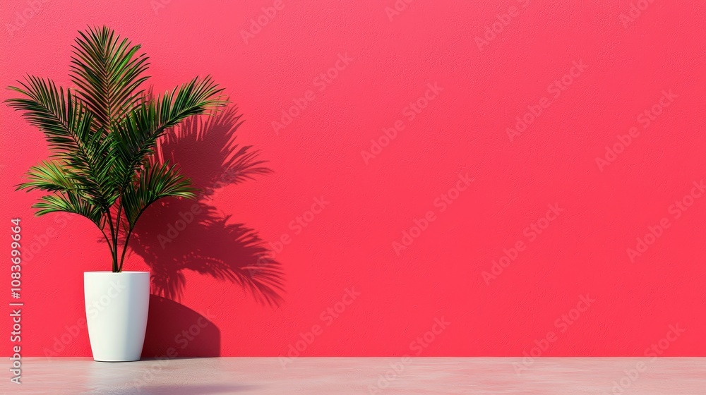 Fototapeta premium Modern Minimalist Interior Pink Wall Plant White Pot Room Decor