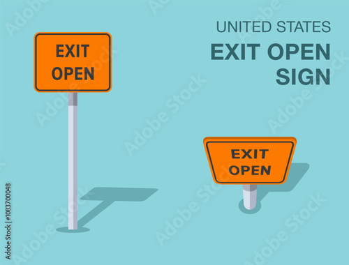 Traffic regulation rules. Isolated United States "exit open" road sign. Front and top view. Flat vector illustration template.