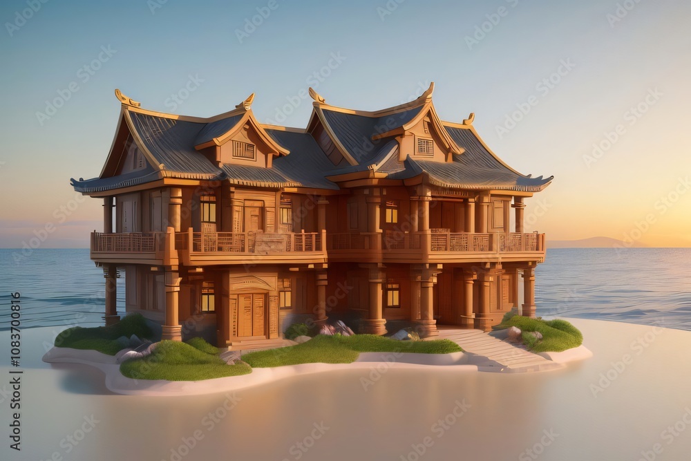 Fototapeta premium Ancient Chinese temple pavilion with pagoda roof against a serene sky, a testament to rich Asian culture and history