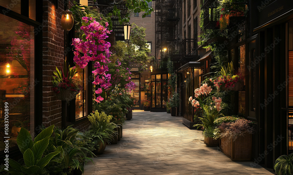 Fototapeta premium Luxe downtown path with angular shop windows and exotic orchids cascading from elegant planters