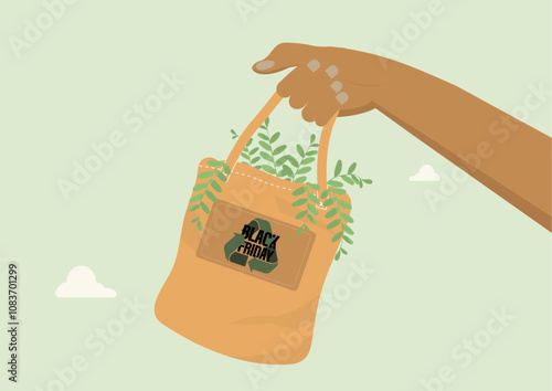 Eco-Friendly Black Friday Shopping Bag with Greenery. Celebrate Black Friday with this eco-friendly shopping bag. Perfect for seasonal promotions. Eco-Friendly Black Friday SALE. Flat vector