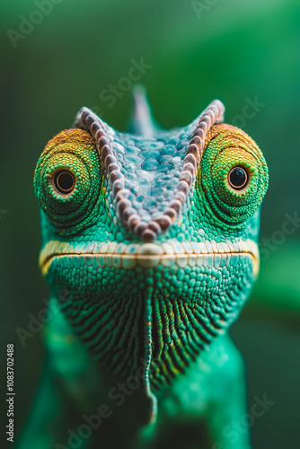 A close up of a chameleon's face with a green background photo