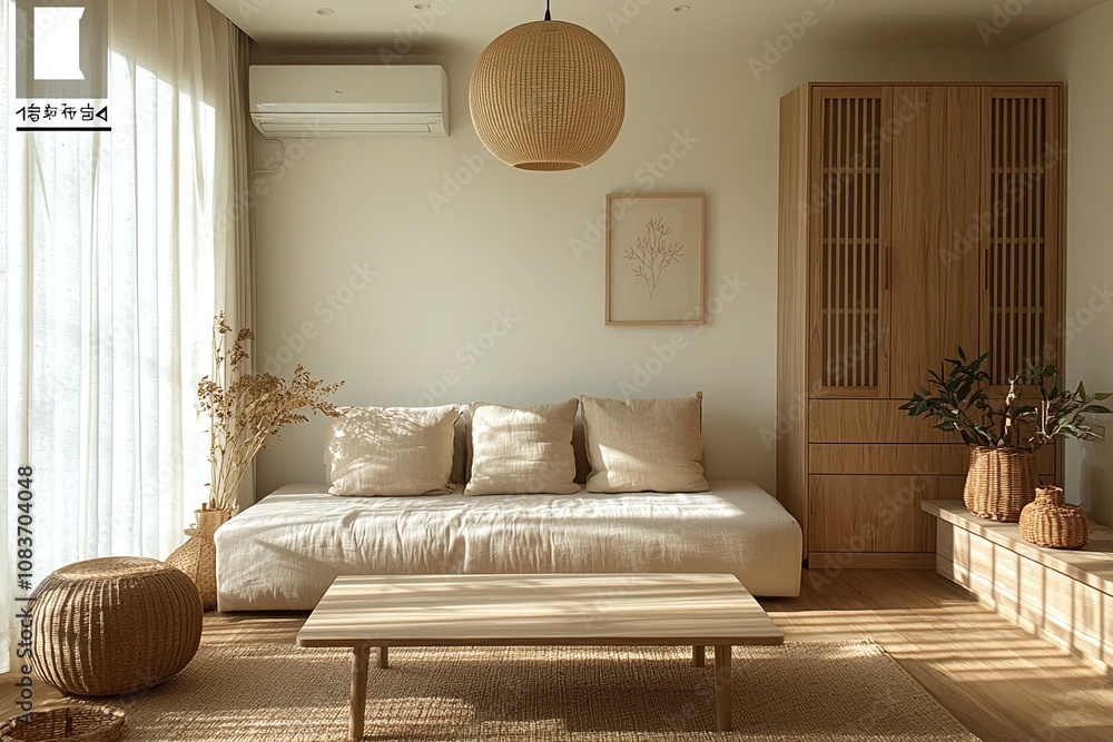 Fototapeta premium A modern japandi interior in a living room with minimalist, sofa and pendant lights and a wooden table. Generative AI 