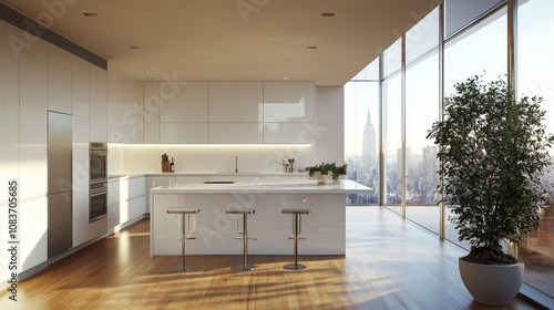 Modern Kitchen with City Skyline View and Stainless Steel Appliances