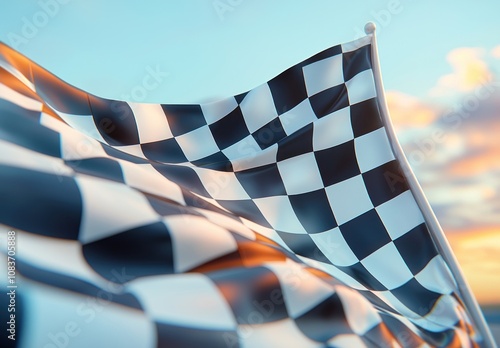 Checkered Flag Waving in the Wind at Sunset photo