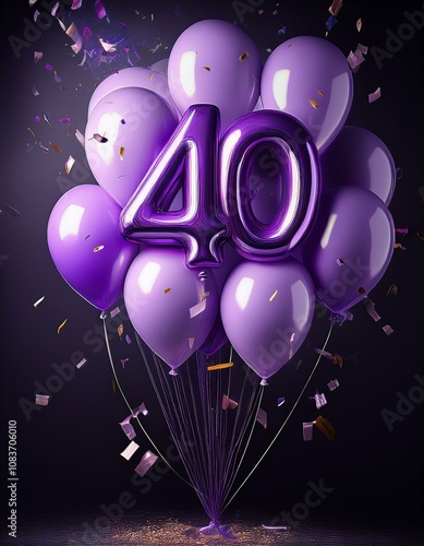 Purple birthday / anniversary balloon, number 40, black background with confetti photo