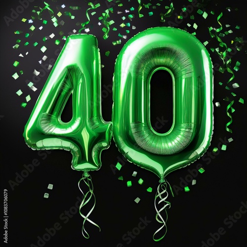 Green birthday / anniversary balloon, number 40, black background with confetti photo