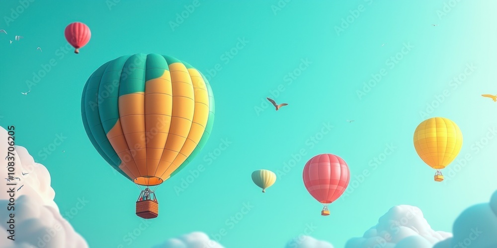 Fototapeta premium Colorful Hot Air Balloons Soaring Through a Blue Sky with Fluffy Clouds