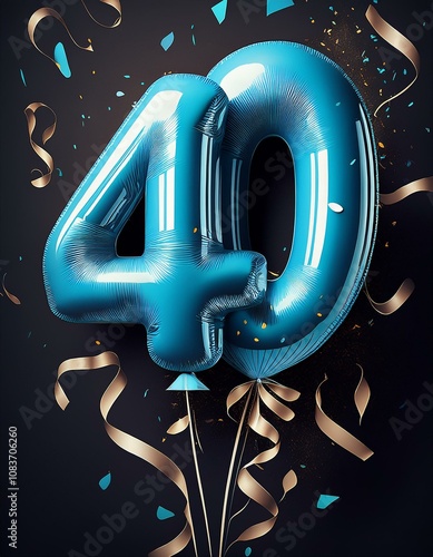 Blue birthday / anniversary balloon, number 40, black background with confetti photo