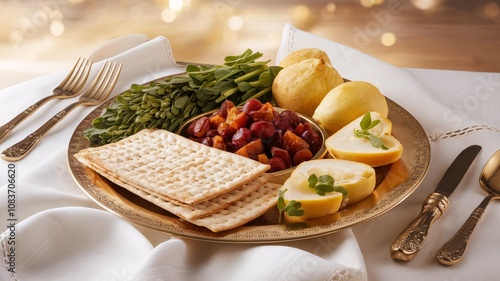 Passover (Pesach) Celebration Plate. A traditional Passover plate, also known as a Seder plate, is filled with symbolic foods and items. photo