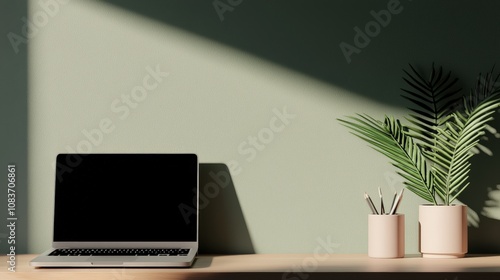 Wallpaper Mural Minimalist Home Office Workspace Laptop Plants Desk Torontodigital.ca