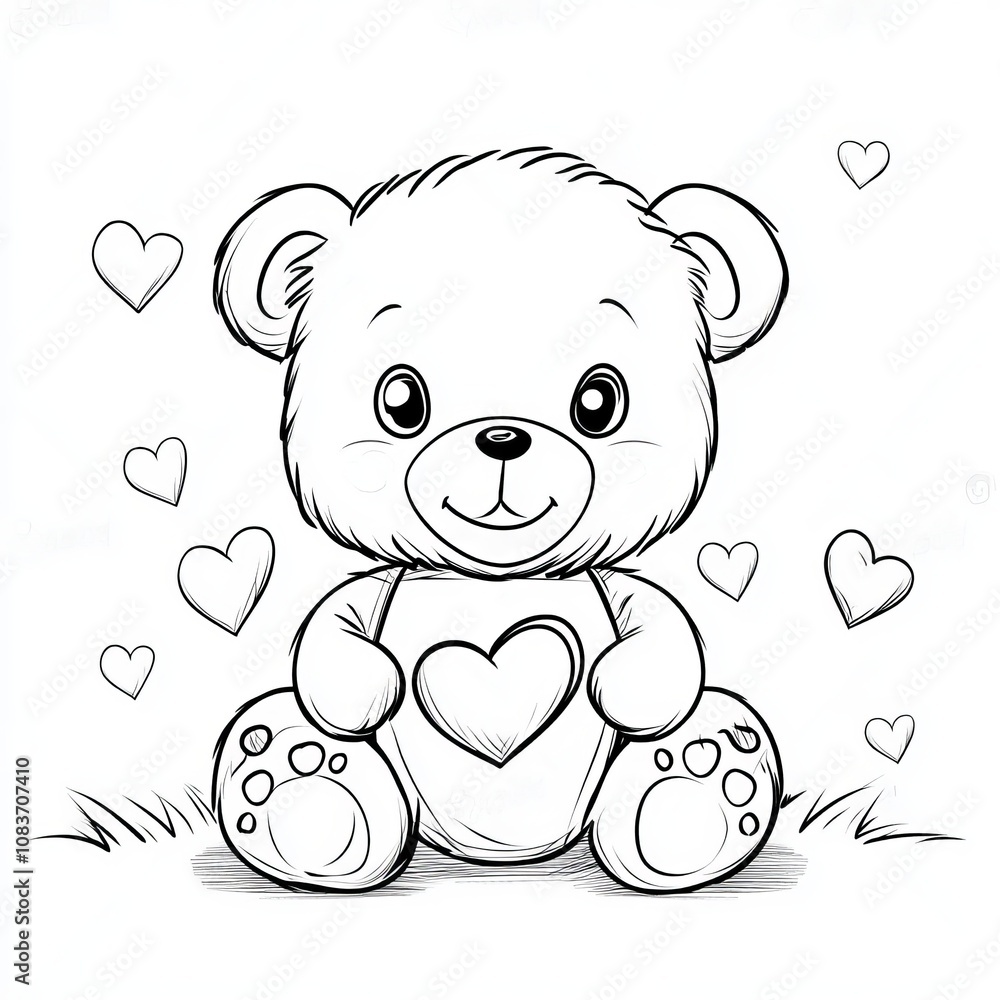 Obraz premium Coloring. Teddy Bear vector illustration isolated on white background. Little bear cub sitting on white background. Valentine's Day. 