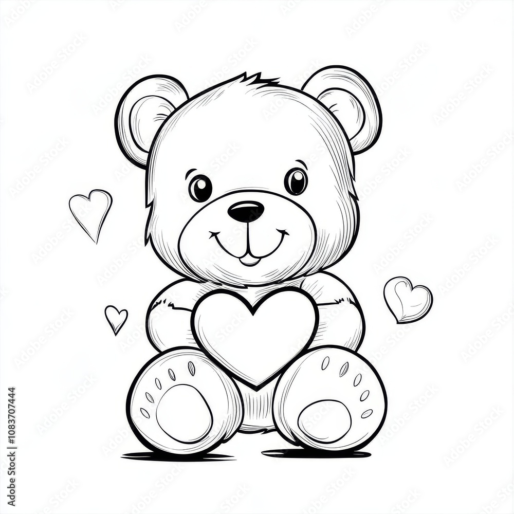 Obraz premium Coloring. Teddy Bear vector illustration isolated on white background. Little bear cub sitting on white background. Valentine's Day. 