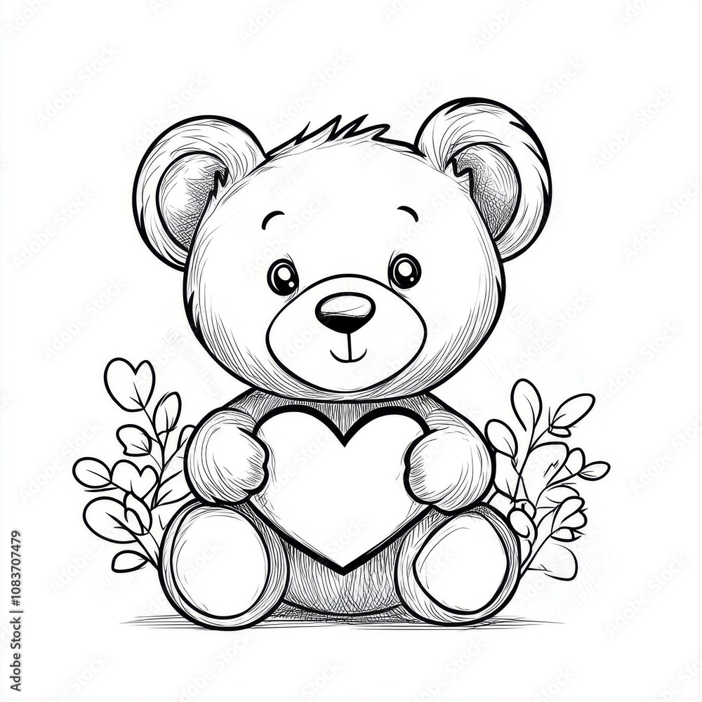 Obraz premium Coloring. Teddy Bear vector illustration isolated on white background. Little bear cub sitting on white background. Valentine's Day. 
